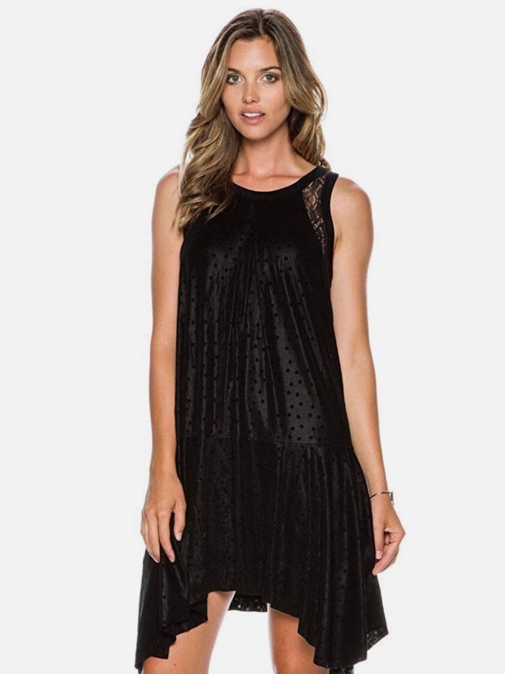 Free People Make It Count Black Sleeveless Polka Dot Velvet Swing Dress
